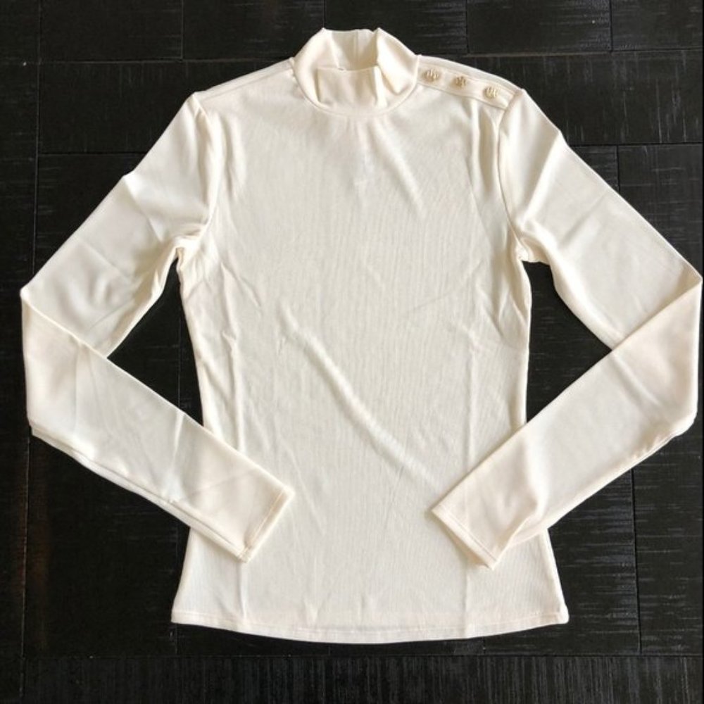NWOT Mock Turtleneck Rib Jersey White/Beige Gold Size Small